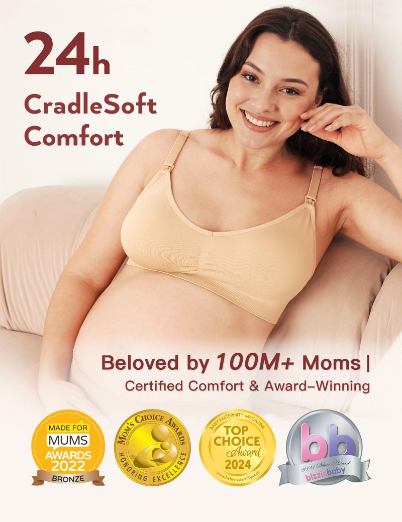 HOFISH Maternity Nursing Bras for Breastfeeding, 3 Pack Pregnancy Deep V Neck Wireless Bra with Extenders & Clips, Pink-Black-Beige, XL - Image 3